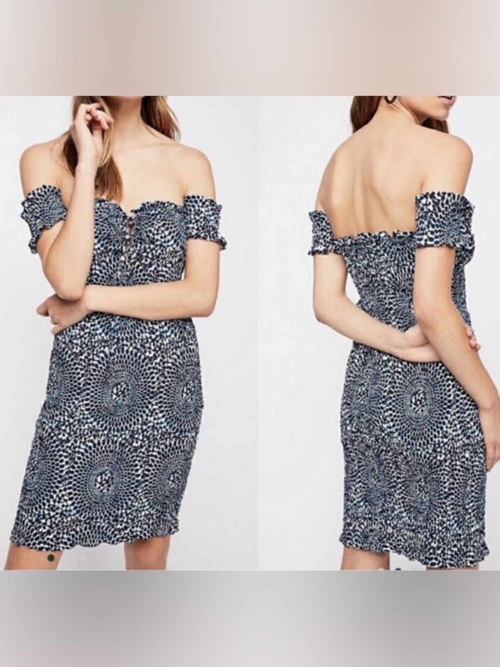 FREE PEOPLE NWT Smocked Off-The-Shoulder Mini Dress Blue Geometric - Size XS